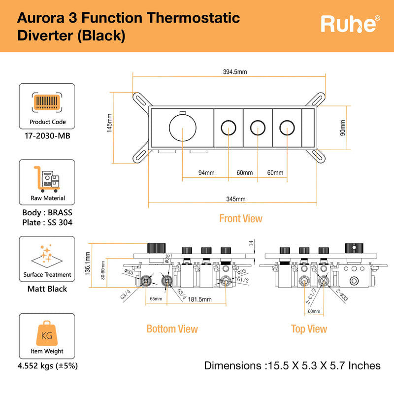 Aurora 3-Function Thermostatic Diverter