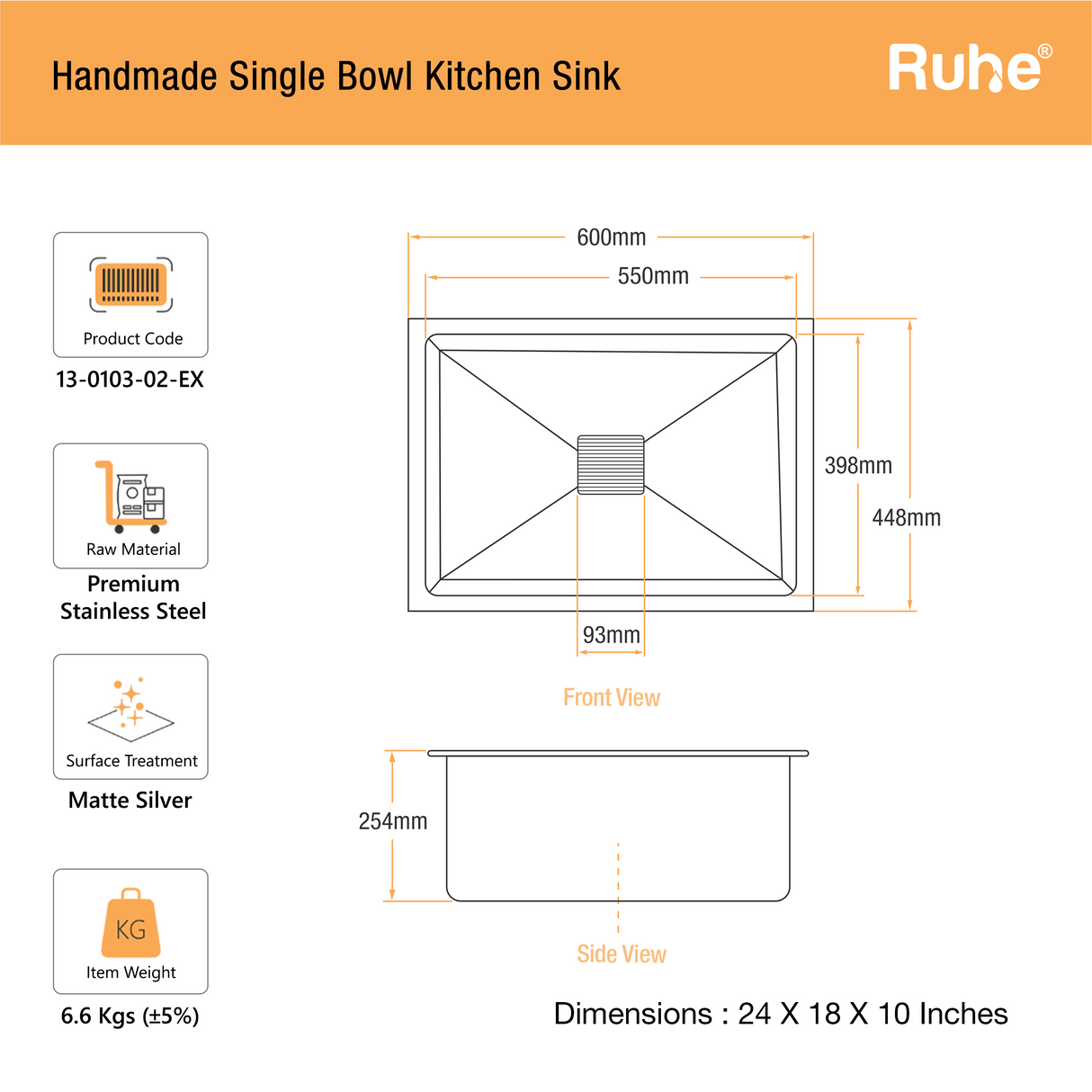 Handmade Single Bowl Kitchen Sink (24 x 18 x 10 Inches)