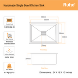 Handmade Single Bowl Kitchen Sink (24 x 18 x 10 Inches)(Dimensions)