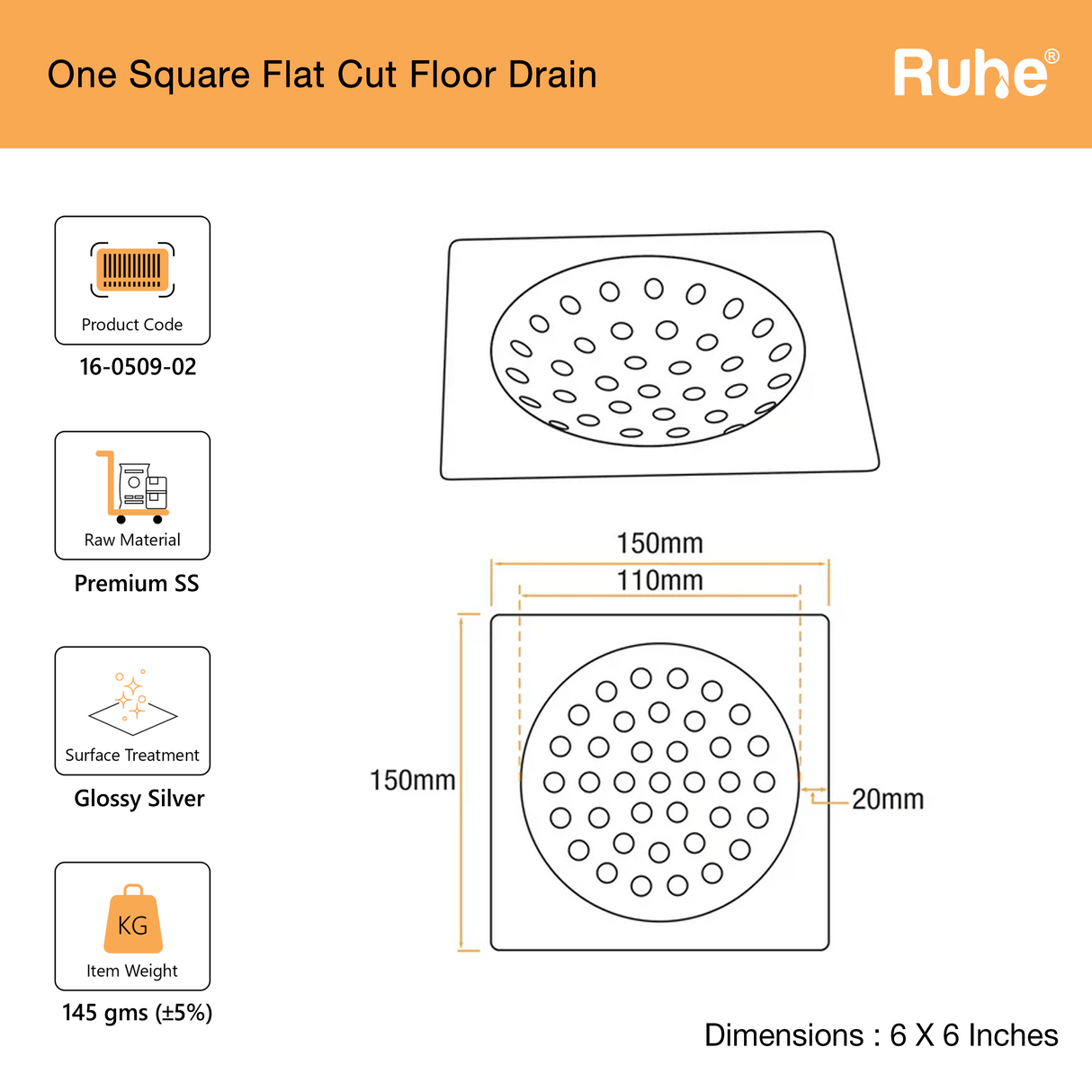 One Square Flat Cut Floor Drain
