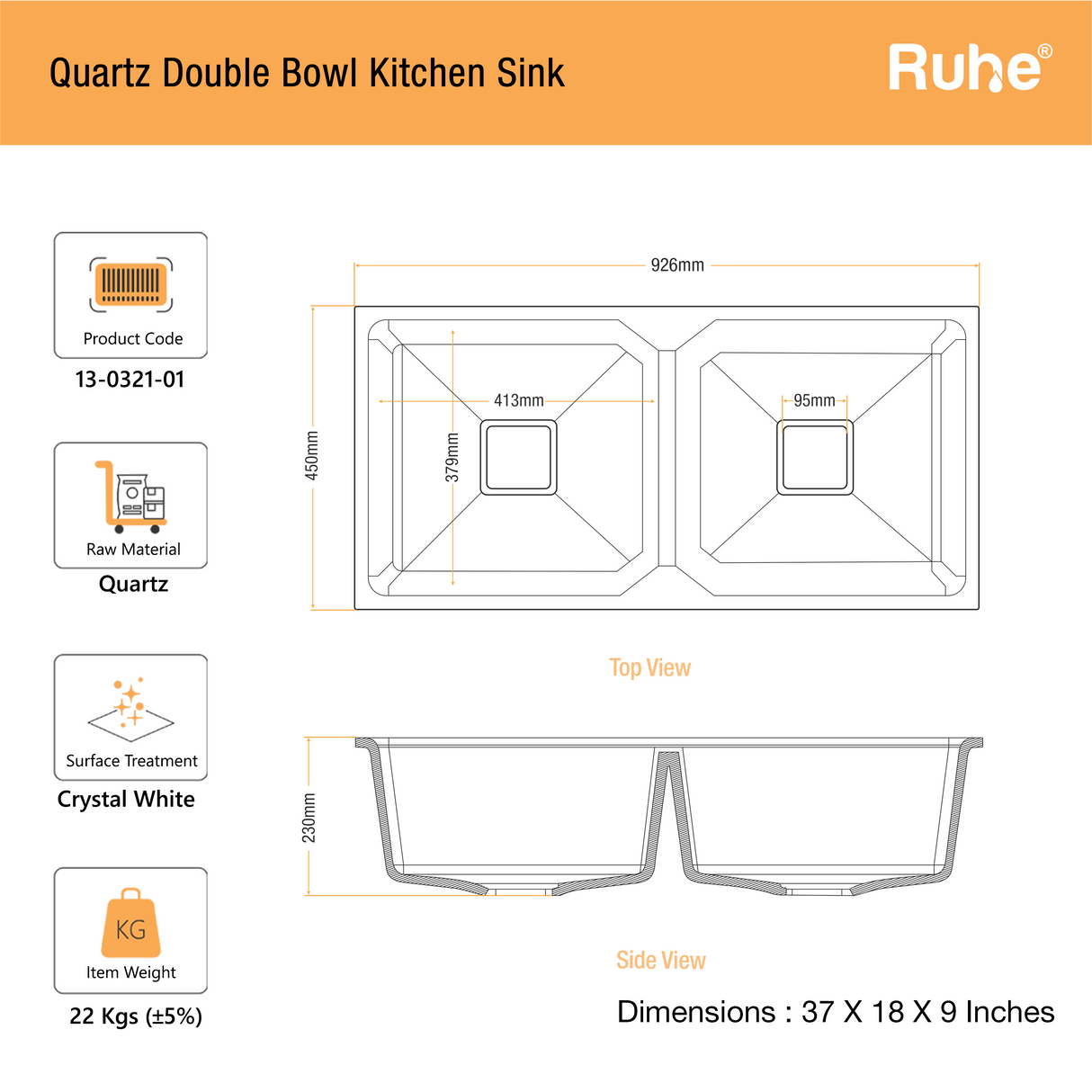 Quartz Double Bowl Kitchen Sink (37 x 18 x 9 Inches)