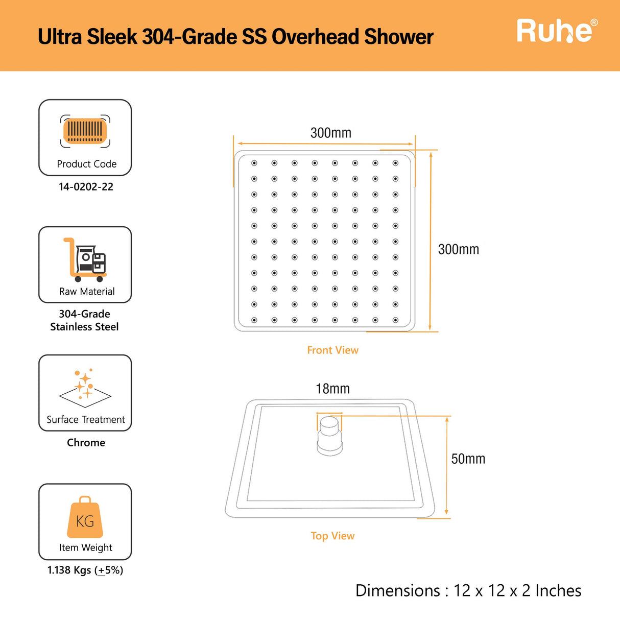 Ultra Sleek 304-Grade SS Overhead Shower
