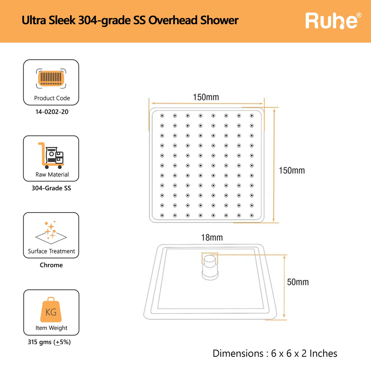 Ultra Sleek 304-Grade SS Overhead Shower