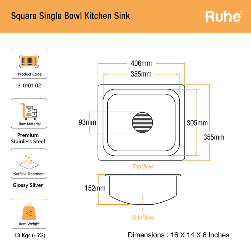Single Bowl Kitchen Sink (16 x 14 x 6 Inches)