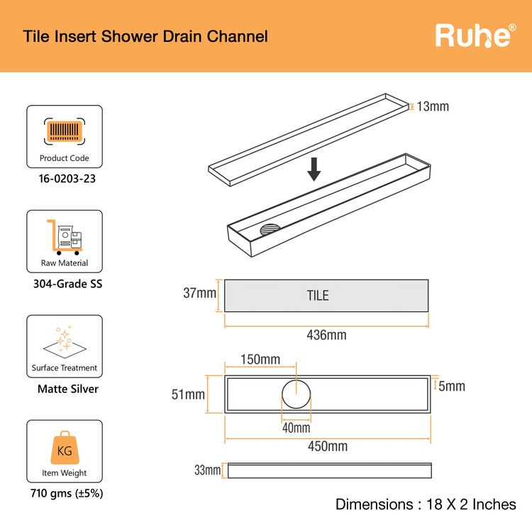 Tile-Insert Shower Drain Channel (2 Inches) – Ruhe
