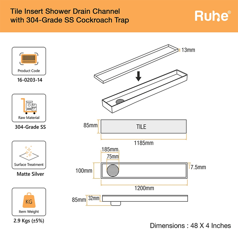Tile-Insert Shower Drain Channel (4 Inches)