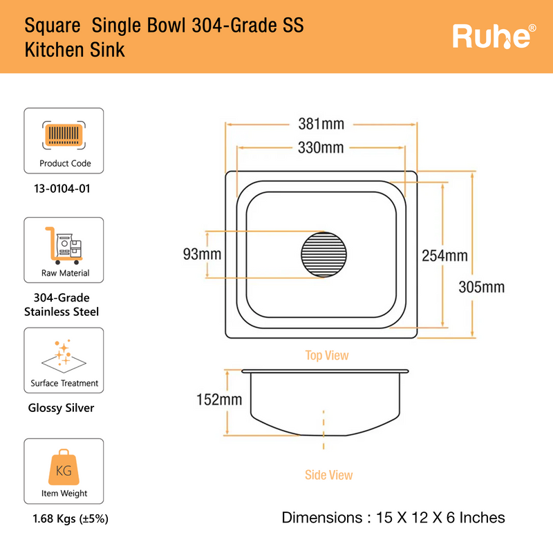 Single Bowl Kitchen Sink 304-Grade (15 x 12 x 6 Inches)