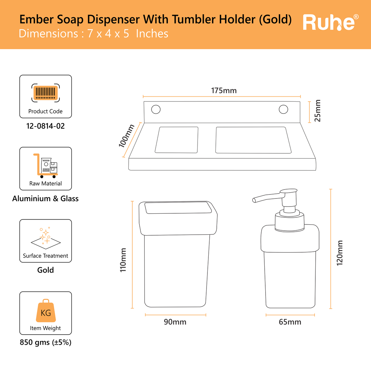 Ember Aluminium Soap Dispenser & Tumbler Holder with Glass Bottle & Tumbler