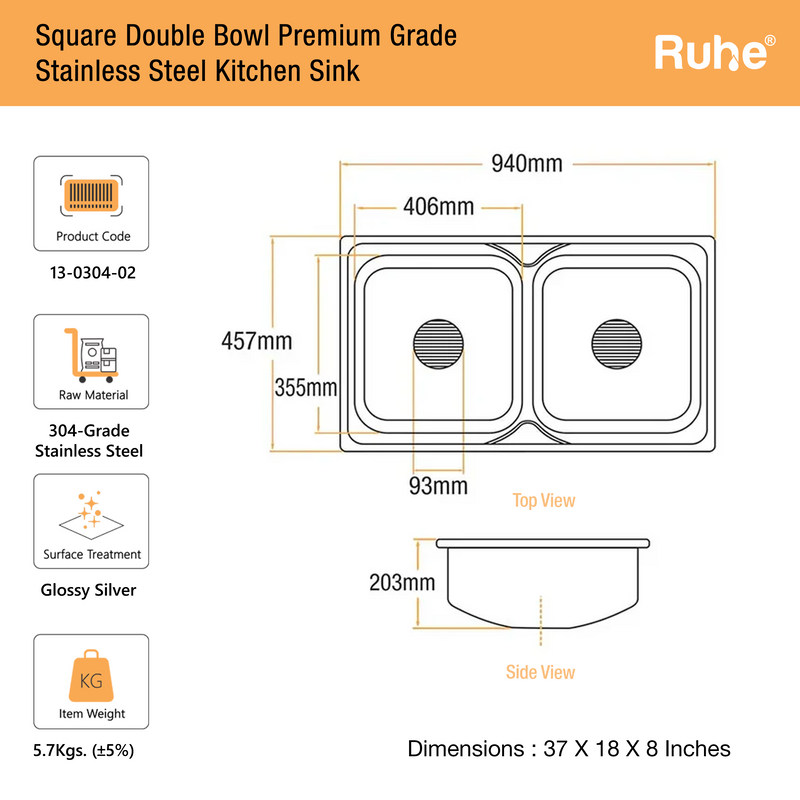 Double Bowl Kitchen Sink 304-Grade (37 x 18 x 8 Inches)