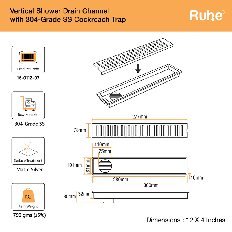 Vertical Shower Drain Channel (4 Inches)