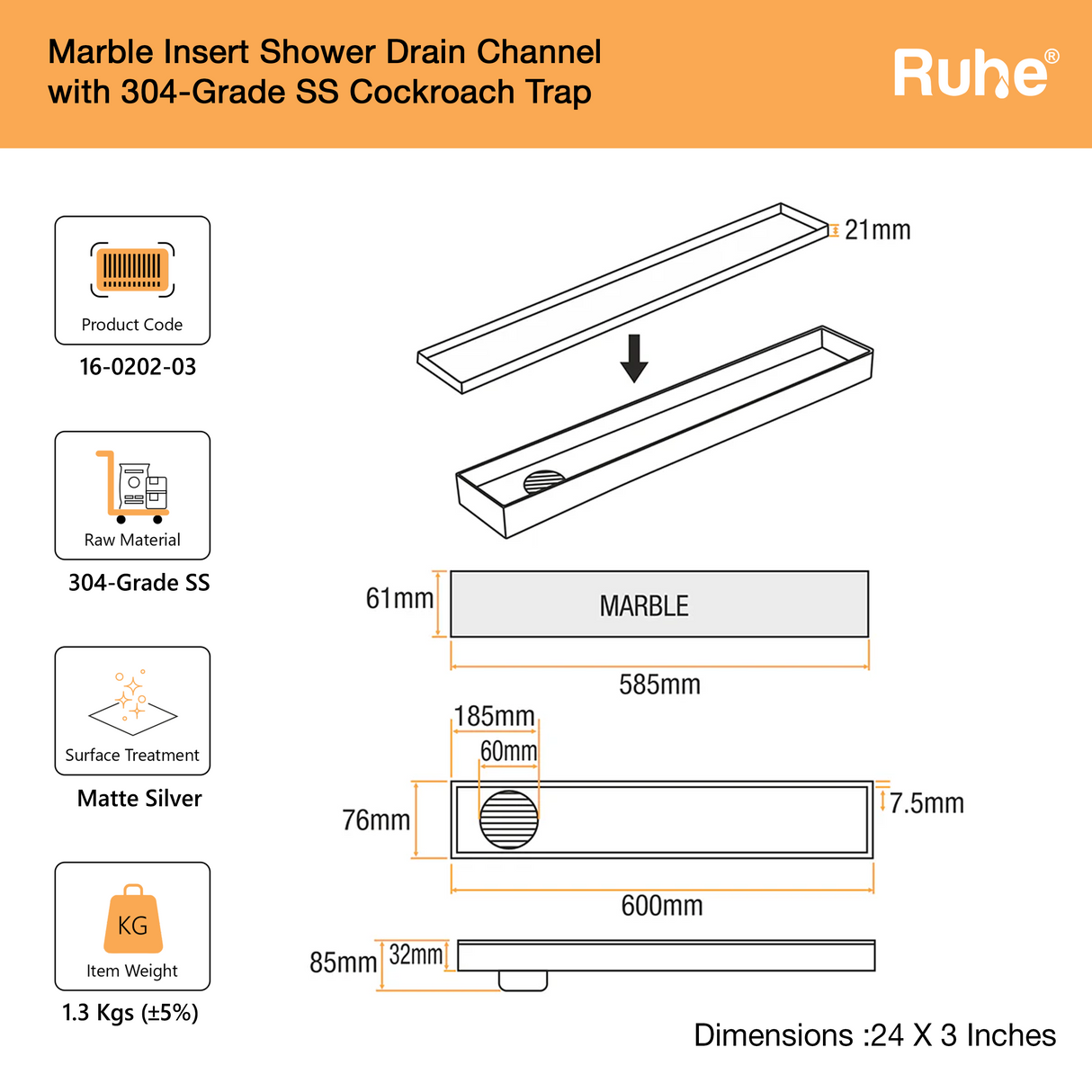Marble-Insert Shower Drain Channel (3 Inches)