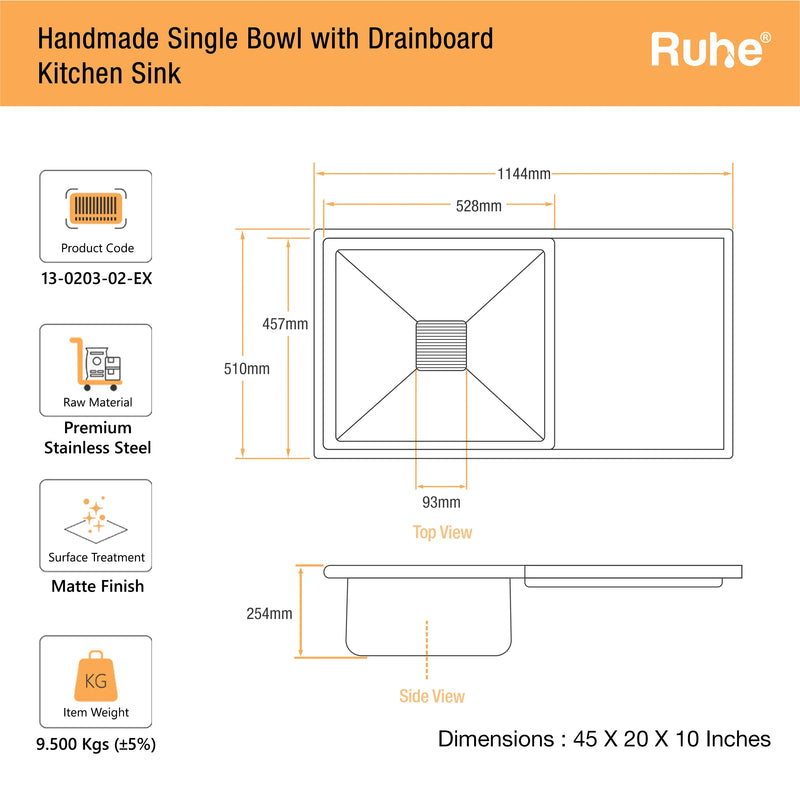 Handmade Single Bowl with Drainboard Kitchen Sink (45 x 20 x 10 Inches)