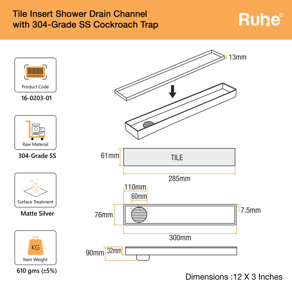 Tile-Insert Shower Drain Channel (3 Inches)