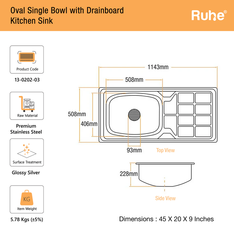 Oval Single Bowl with Drainboard Premium Kitchen Sink (45 x 20 x 9 Inches)