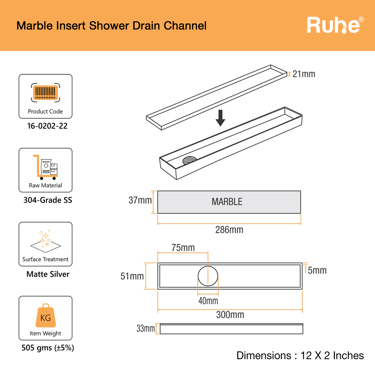 Marble-Insert Shower Drain Channel (2 Inches)