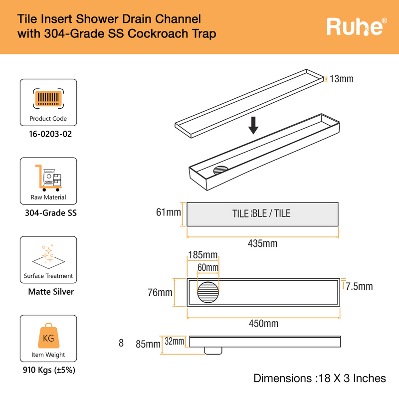 Tile-Insert 304-Grade Shower Drain Channel (3 Inches)