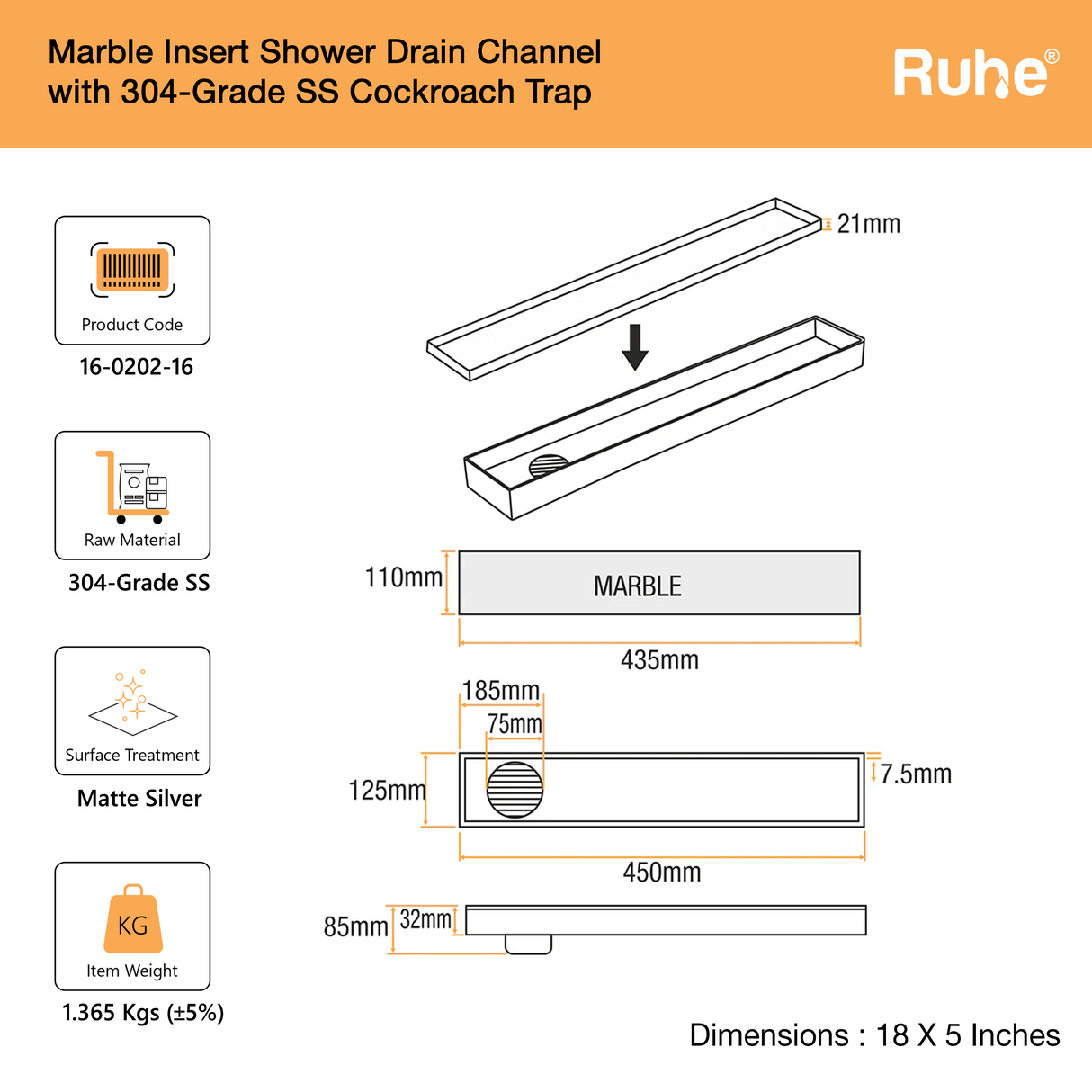 Marble-Insert Shower Drain Channel 5 inches