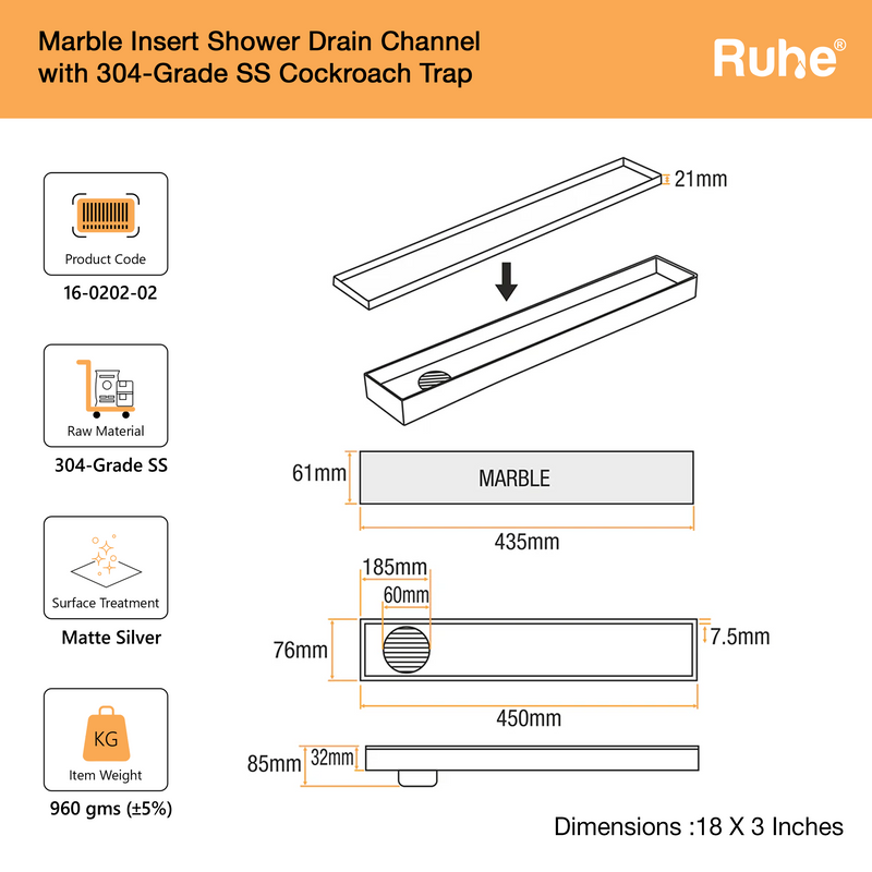Marble-Insert Shower Drain Channel (3 Inches)
