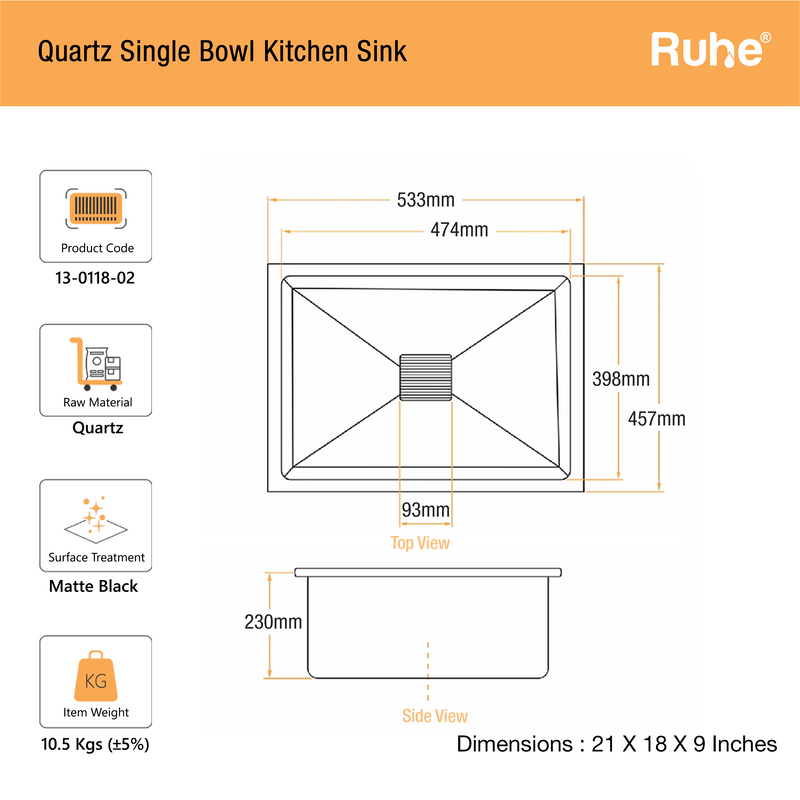 Quartz Single Bowl Kitchen Sink (21 x 18 x 9 Inches)