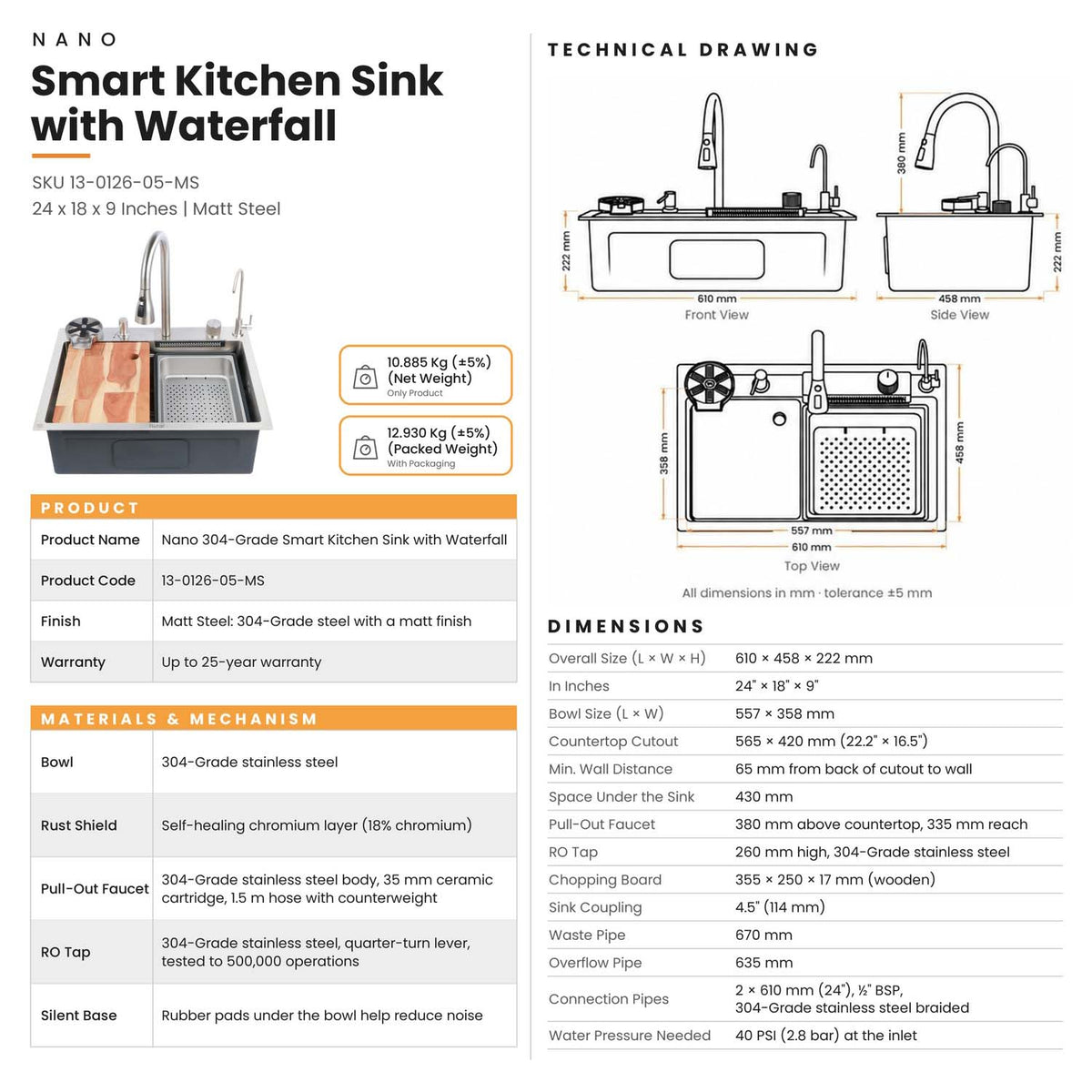 Nano 304-Grade Smart Kitchen Sink with Waterfall