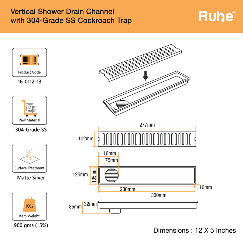 Vertical Shower Drain Channel (5 Inches)