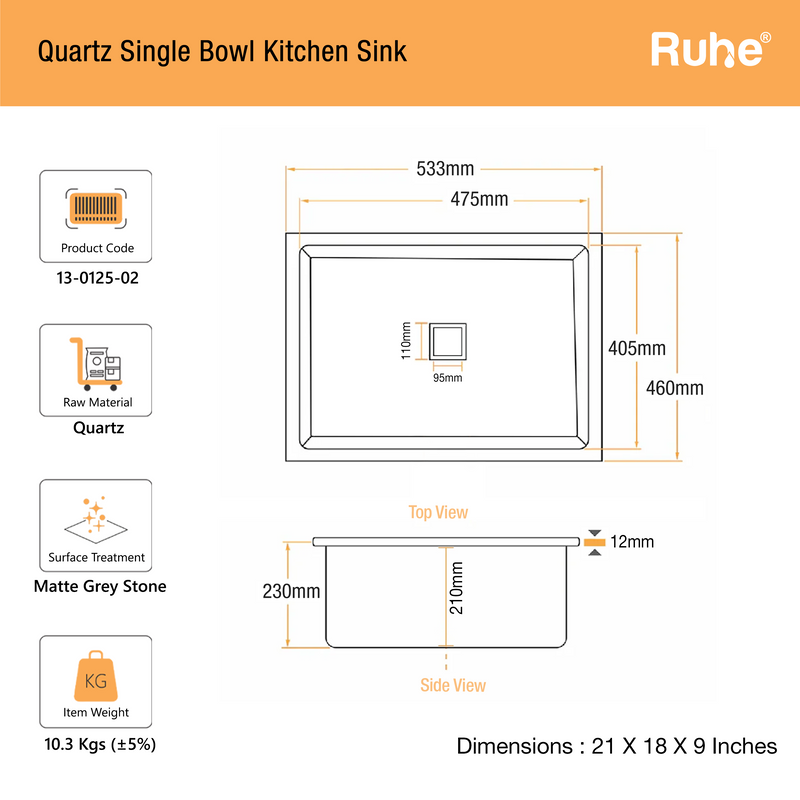 Quartz Single Bowl Black Kitchen Sink (21 x 18 x 9 Inches)