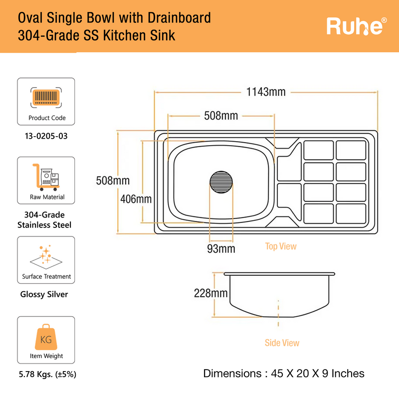 Oval Single Bowl with Drainboard Kitchen Sink 304-Grade (45 x 20 x 9 Inches)