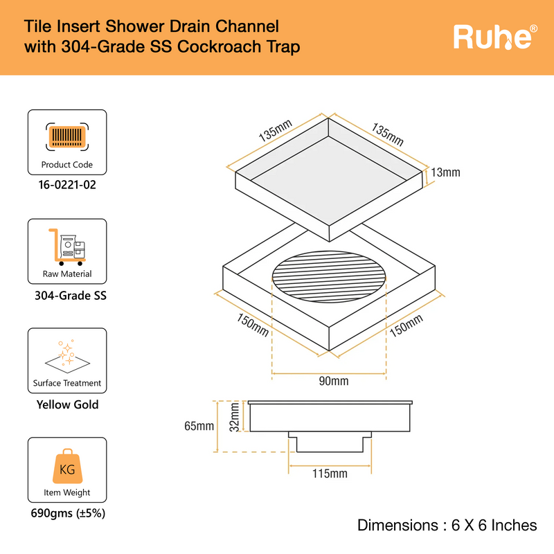 Tile-Insert Shower Drain Channel (6 x 6 Inches)