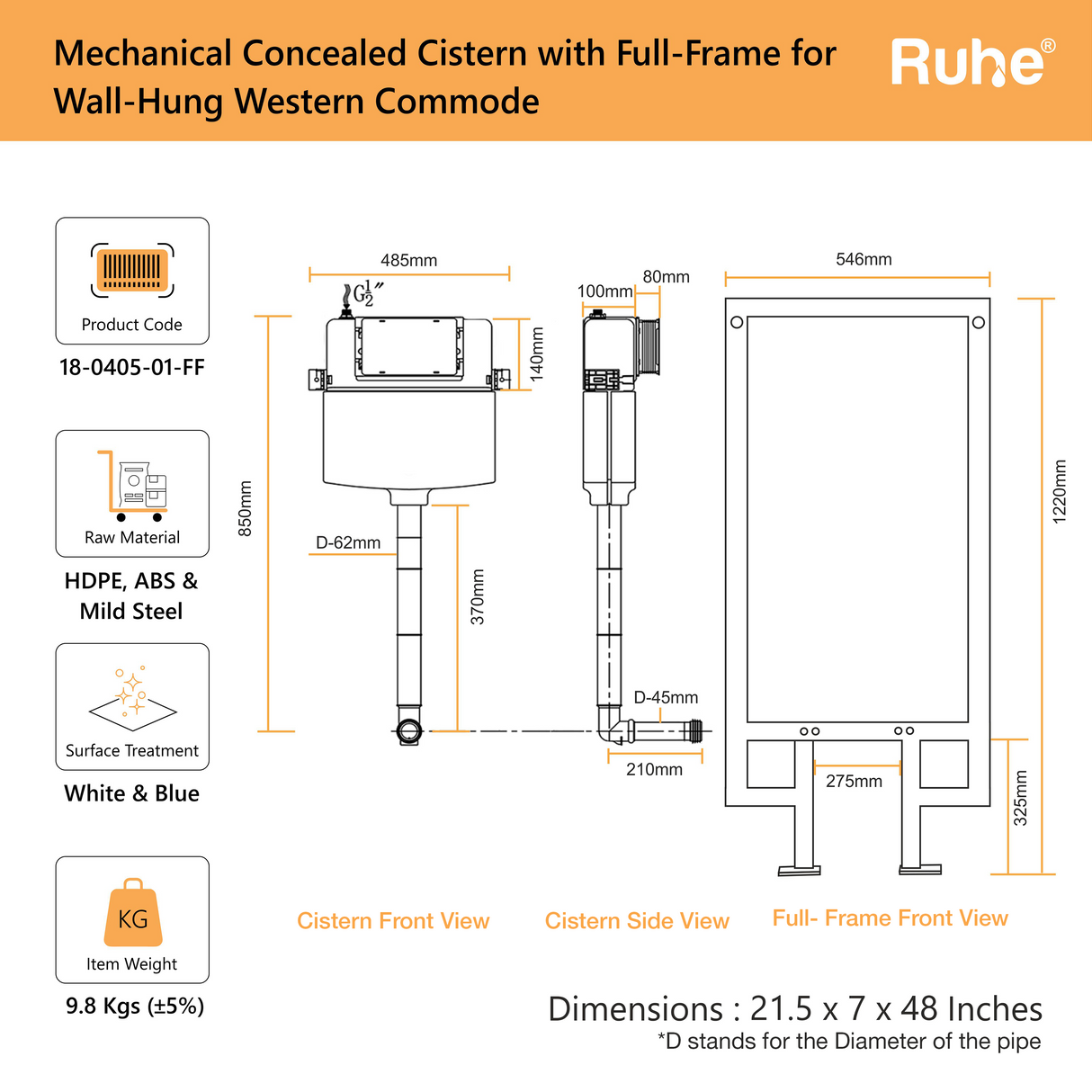 Mechanical Concealed Cistern for Western Commode with Full Frame