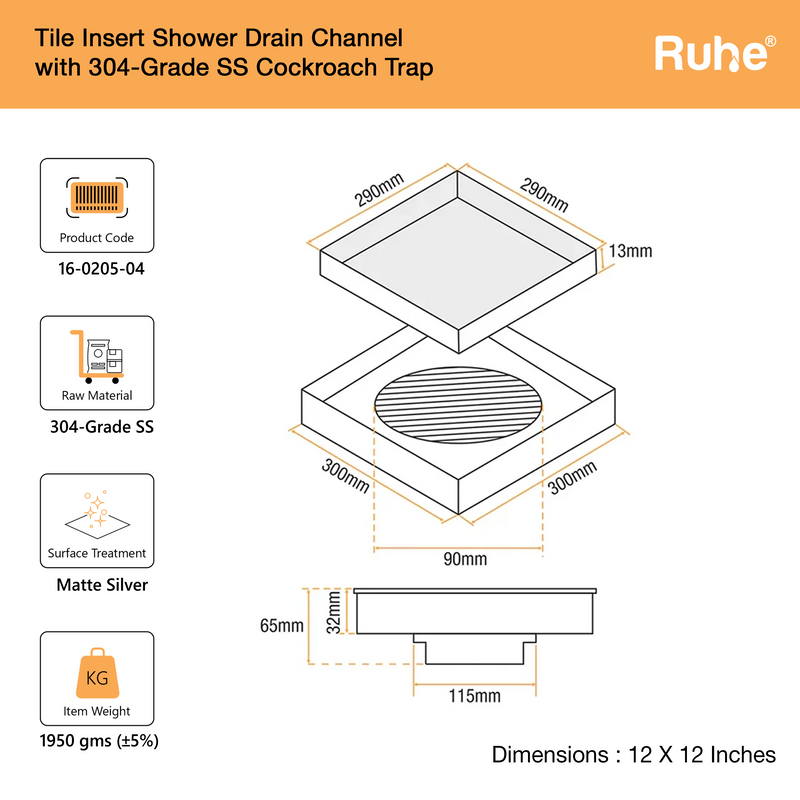 Tile-Insert Shower Drain Channel (12 x 12 Inches)