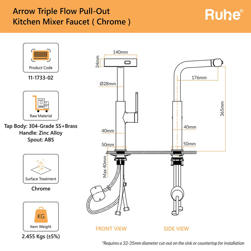 Arrow Triple Flow Pull-Out Kitchen Mixer Faucet