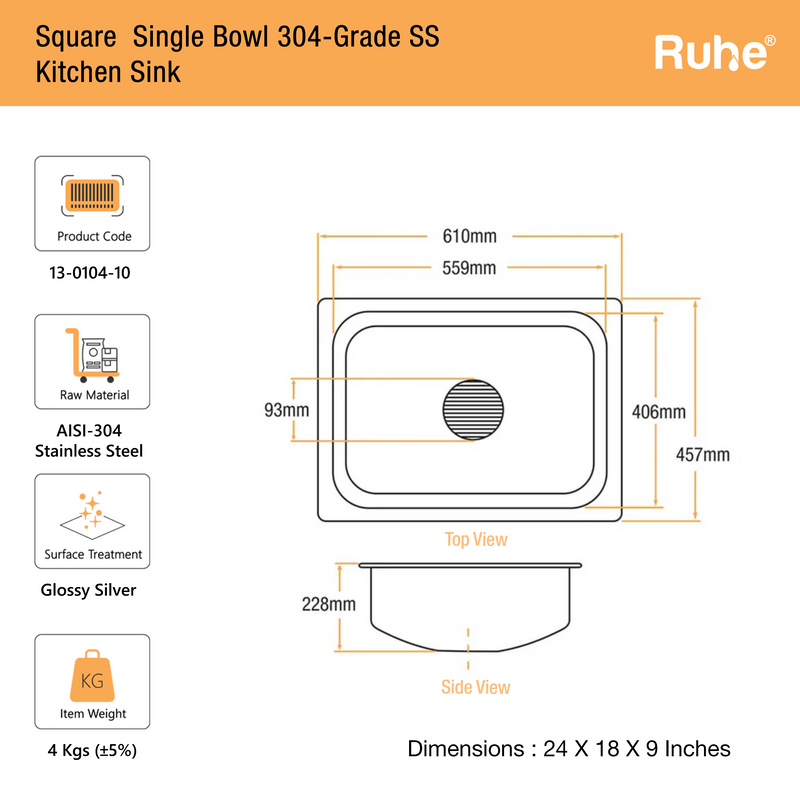 Single Bowl Kitchen Sink 304-Grade (24 x 18 x 9 Inches)