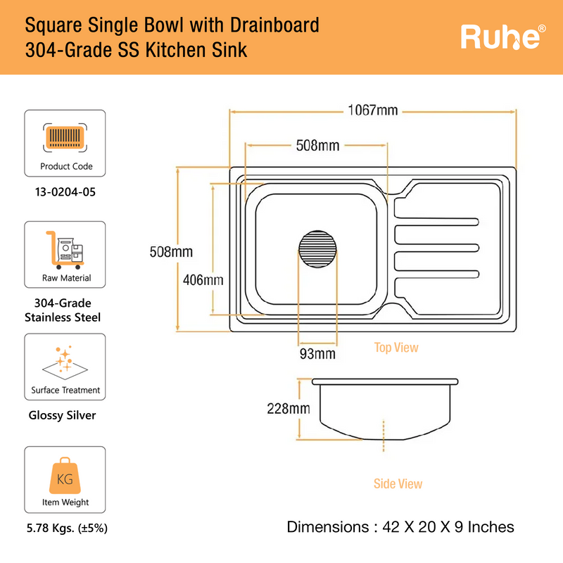 Single Bowl with Drainboard Kitchen Sink 304-Grade (42 x 20 x 9 Inches)