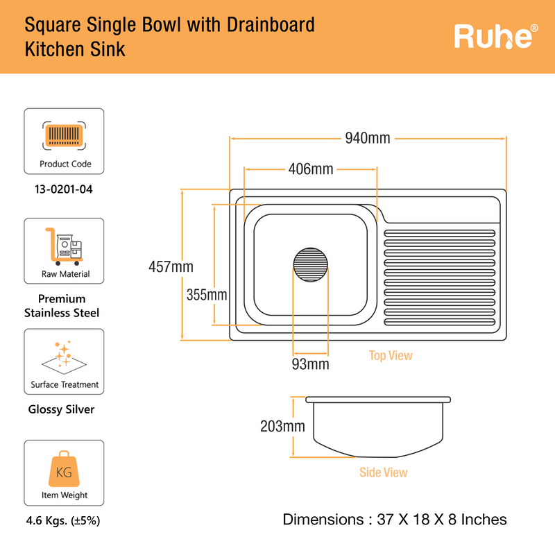 Single Bowl with Drainboard Kitchen Sink (37 x 18 x 8 Inches)