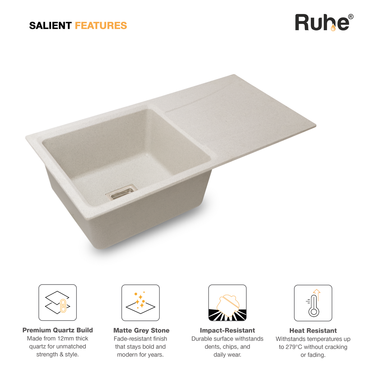 Quartz Single Bowl Kitchen Sink with Drainboard (36 x 18 x 9 Inches)