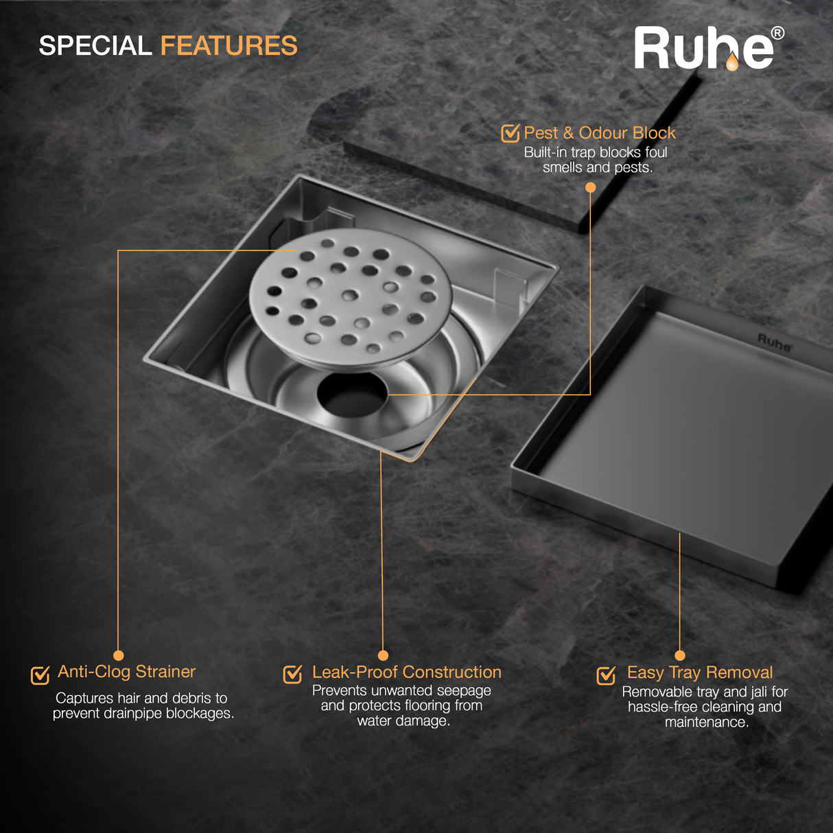 Marble-Insert Shower Drain Channel (6 x 6 Inches)