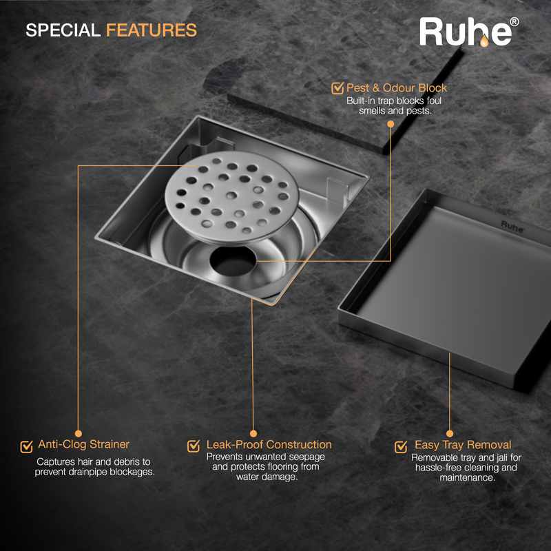 Marble-Insert Shower Drain Channel (6 x 6 Inches)