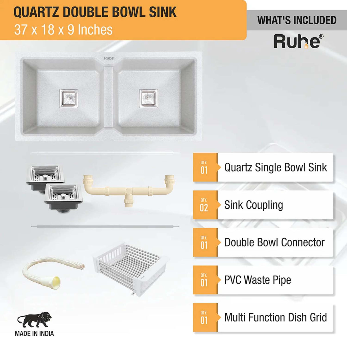 Quartz Double Bowl Kitchen Sink (37 x 18 x 9 Inches)