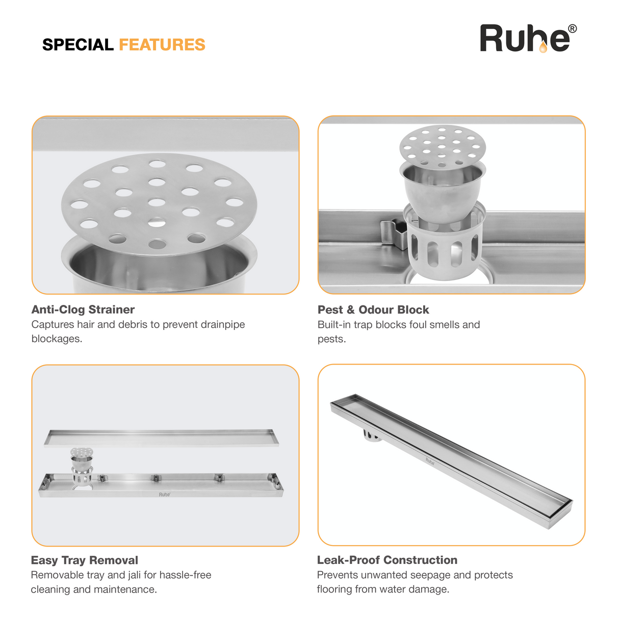 Tile-Insert Shower Drain Channel (4 Inches)