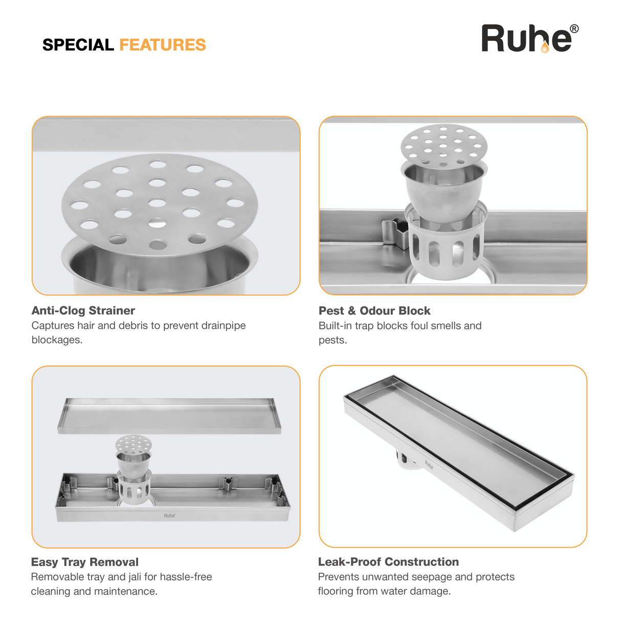 Tile-Insert Shower Drain Channel (5 Inches)