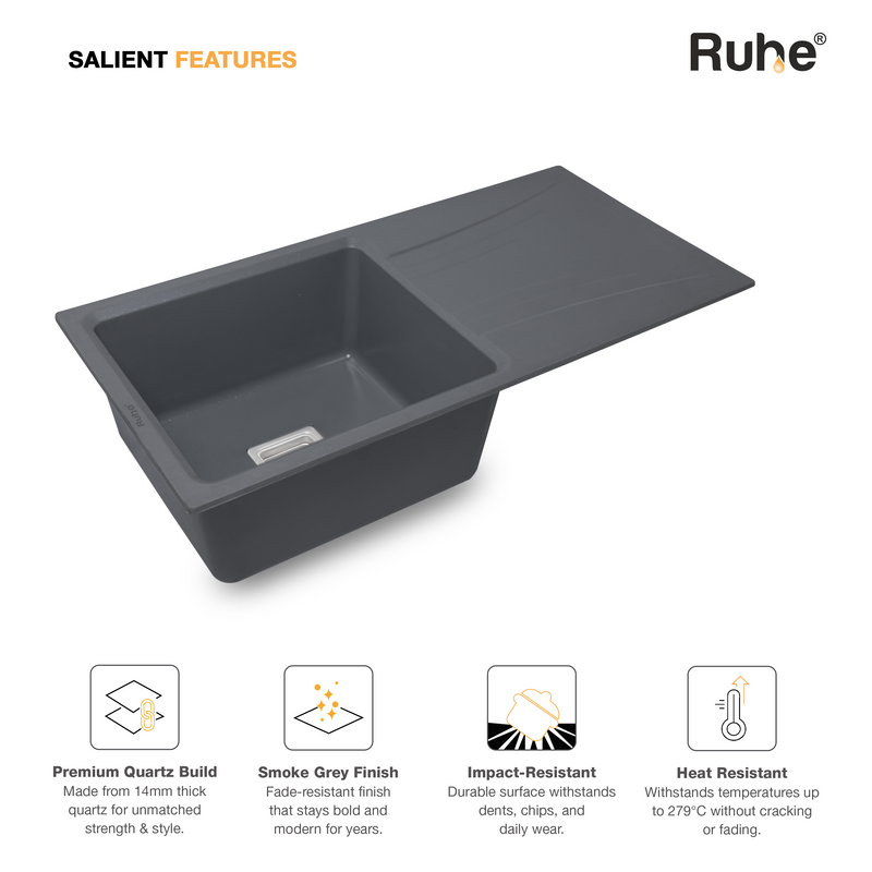 Quartz Single Bowl with Drainboard Kitchen Sink (36 x 18 x 9 Inches)
