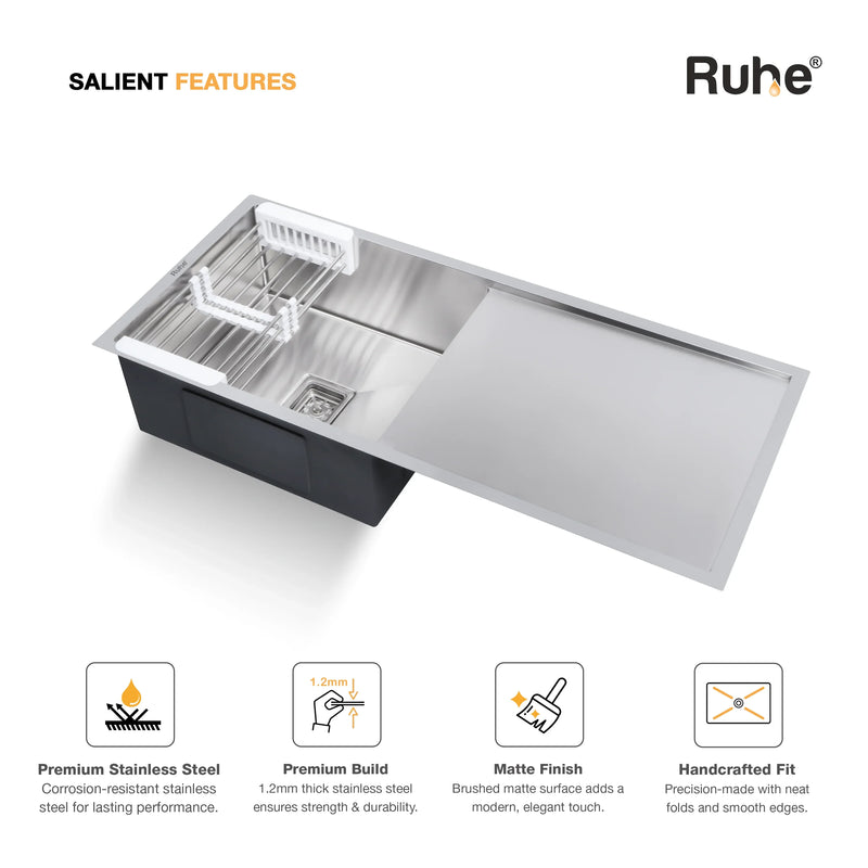 Handmade Single Bowl with Drainboard Kitchen Sink (45 x 20 x 10 Inches)