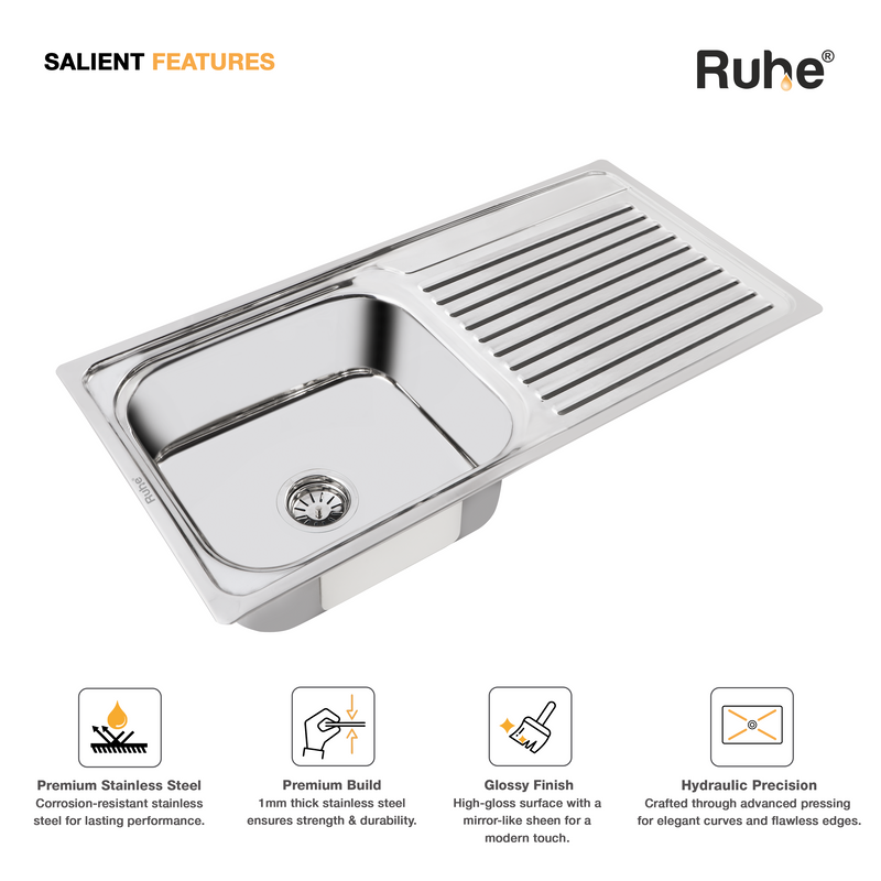 Single Bowl with Drainboard Kitchen Sink (37 x 18 x 8 Inches)