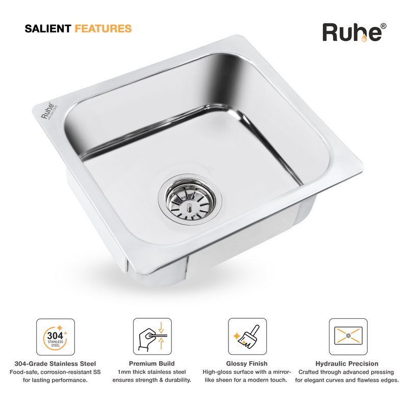 Single Bowl Kitchen Sink 304-Grade (15 x 12 x 6 Inches)
