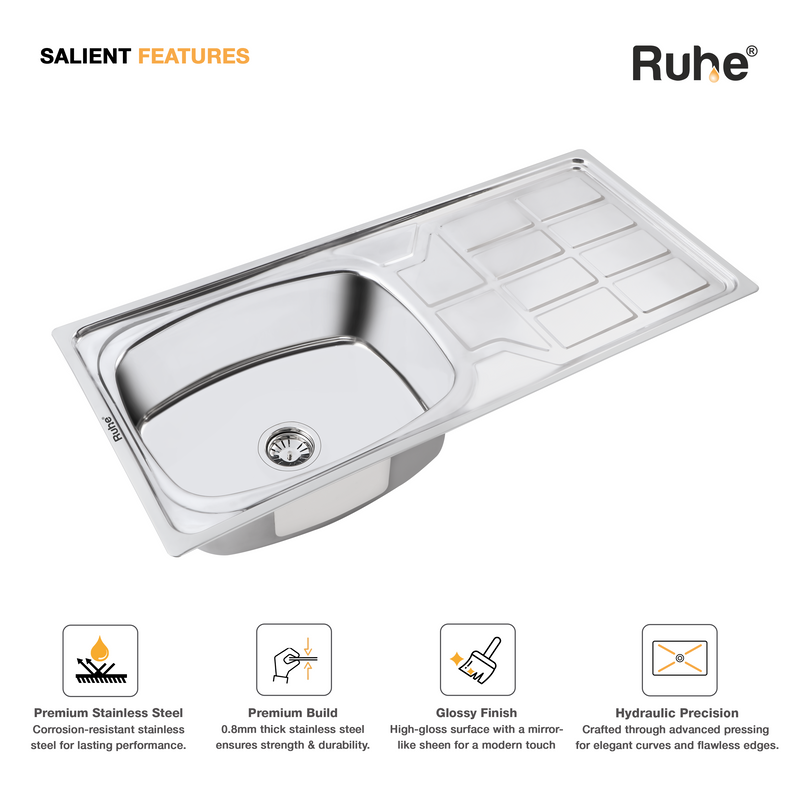 Oval Single Bowl with Drainboard Premium Kitchen Sink (45 x 20 x 9 Inches)