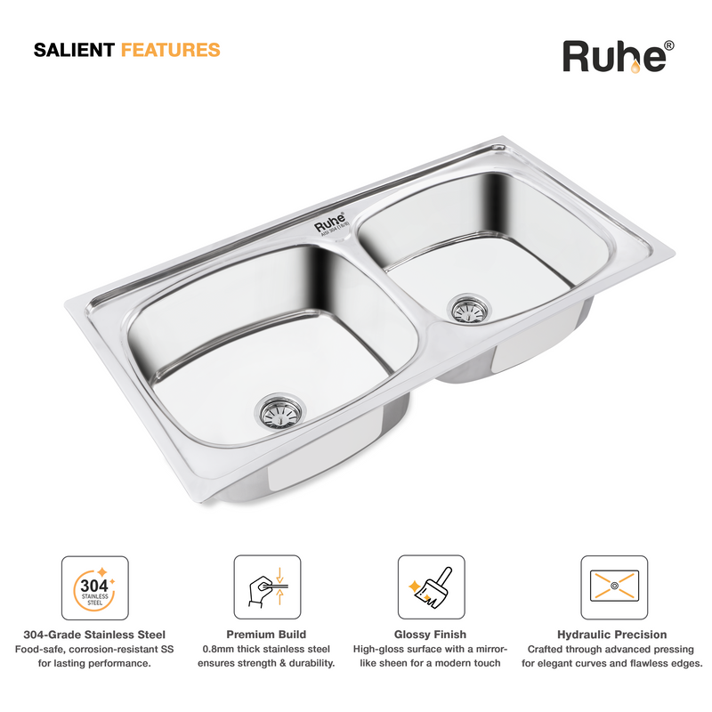 Double Bowl Kitchen Sink 304-Grade (45 x 20 x 9 Inches)