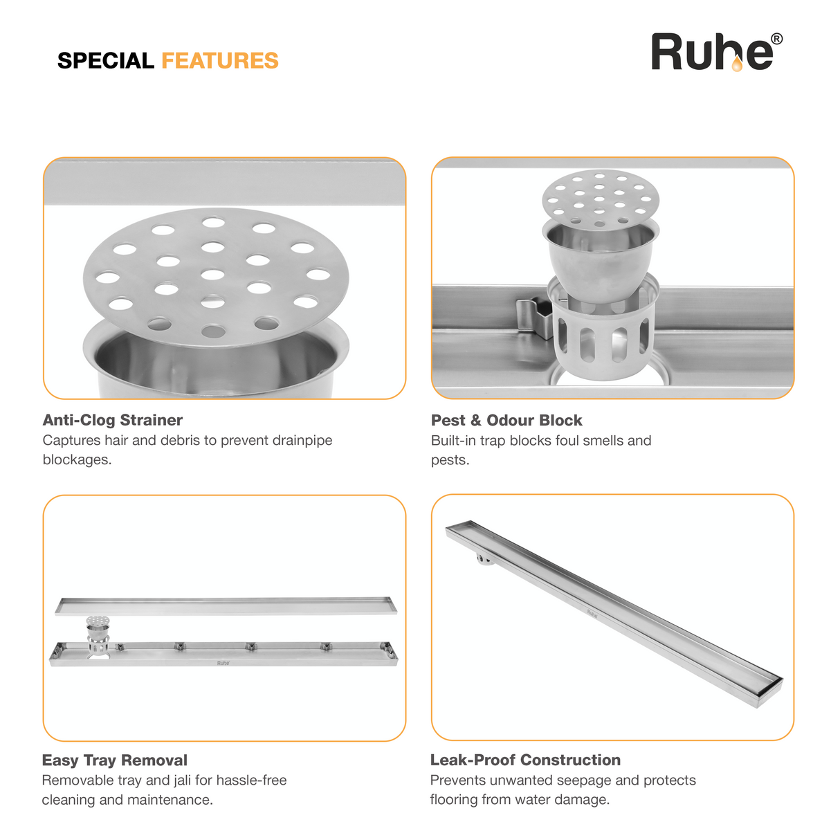 Marble-Insert Shower Drain Channel (4 Inches)