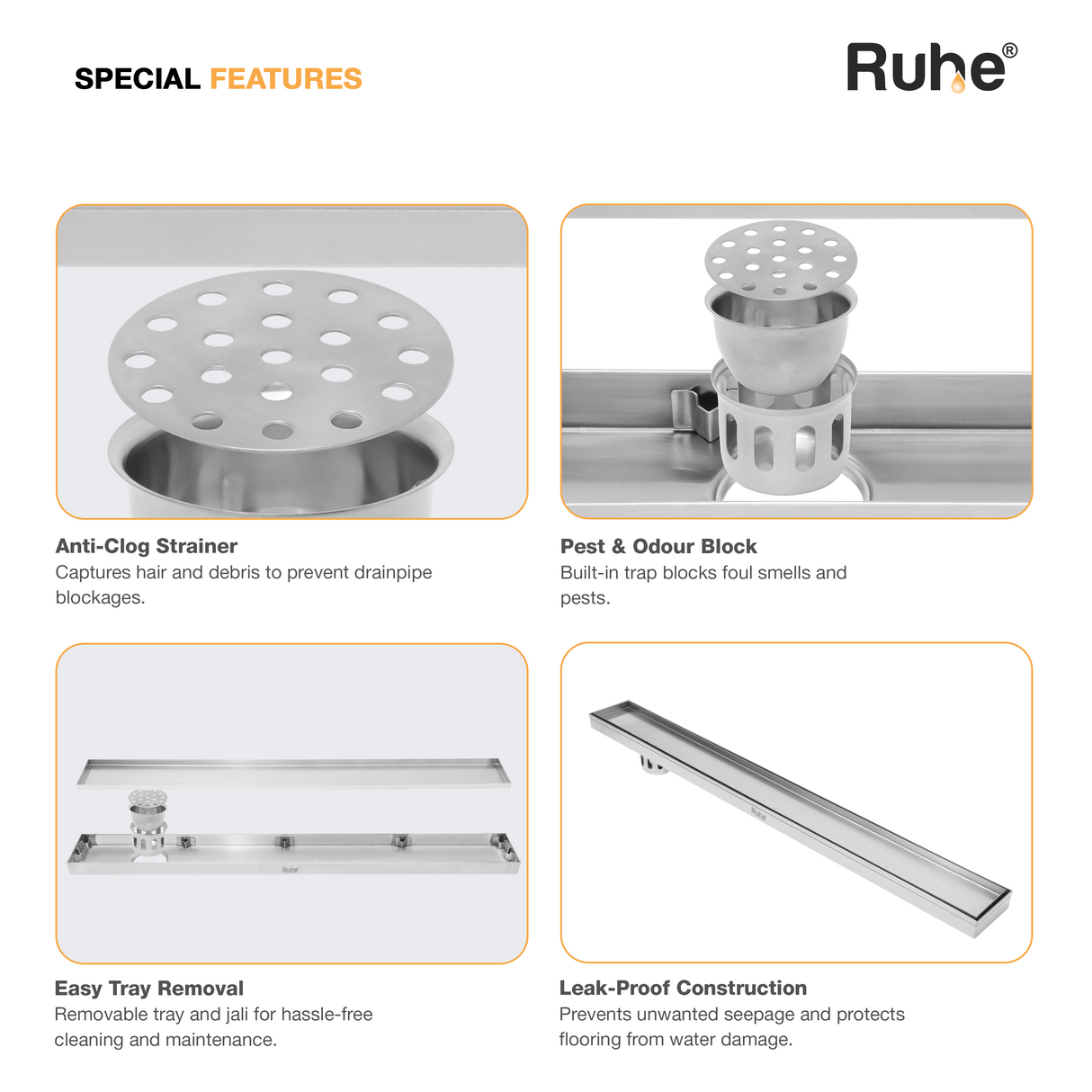 Tile-Insert Shower Drain Channel (3 Inches)