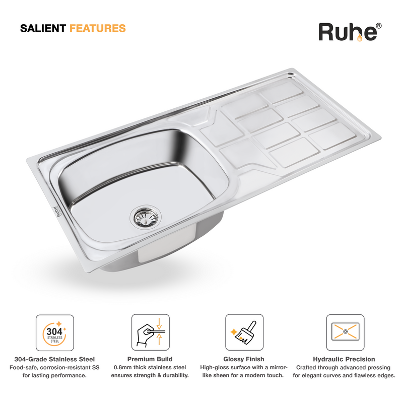 Oval Single Bowl with Drainboard Kitchen Sink 304-Grade (45 x 20 x 9 Inches)