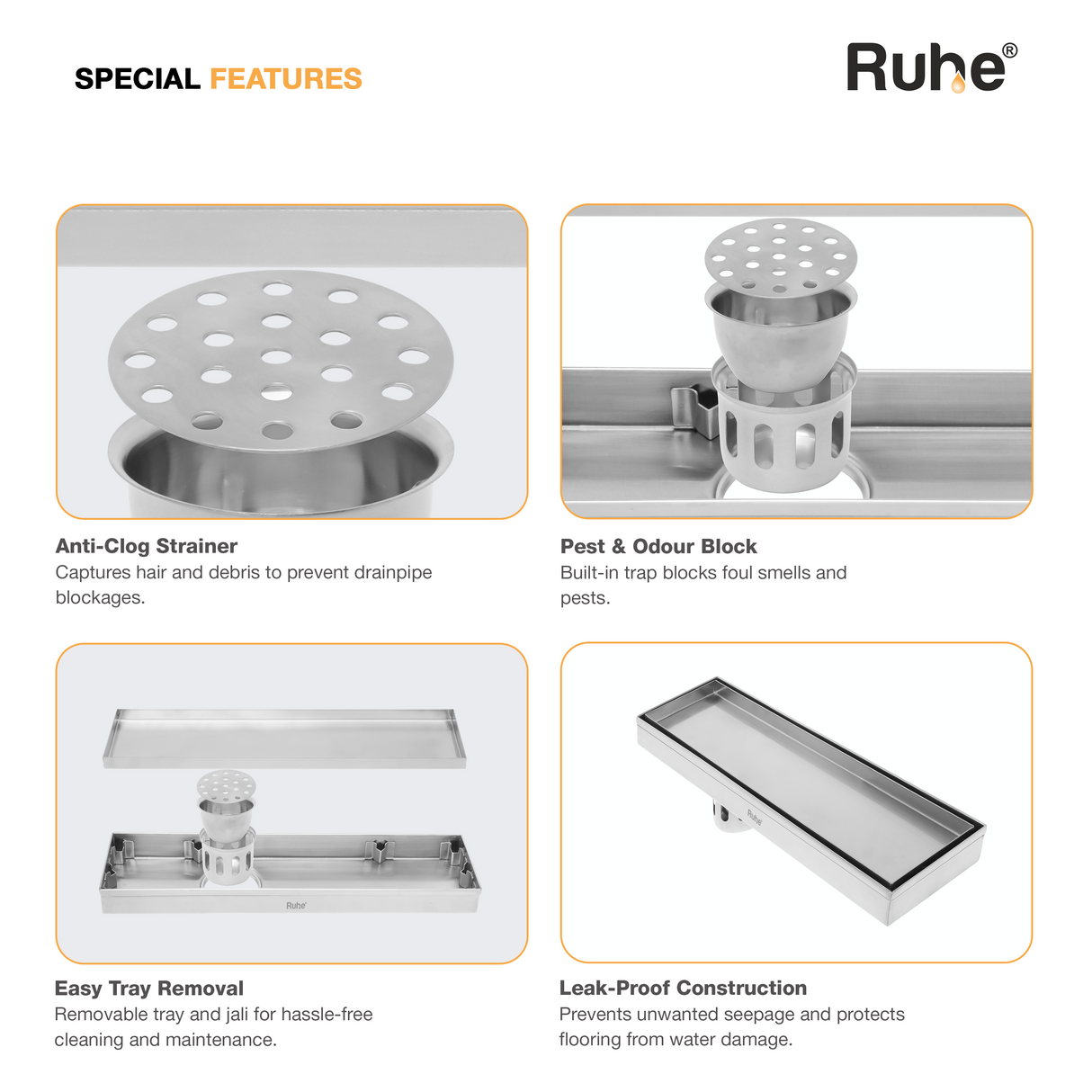 Tile-Insert Shower Drain Channel (5 Inches)